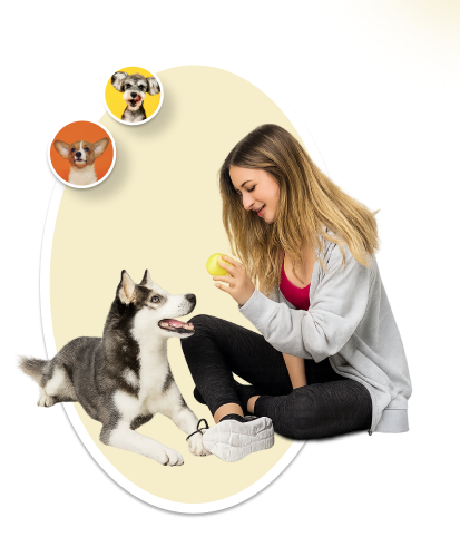 Woman with dog and puppies